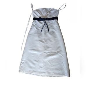Alfred Sung White Satin Dress with Navy Ribbon Sz 8 Minimalist Elegant Cocktail
